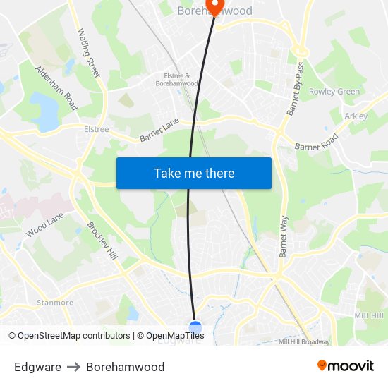 Edgware to Borehamwood map
