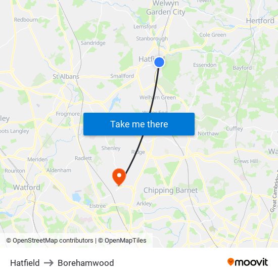 Hatfield to Borehamwood map