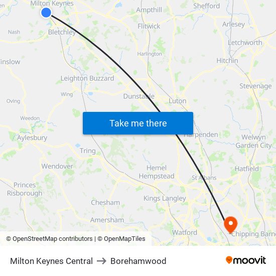 Milton Keynes Central to Borehamwood map