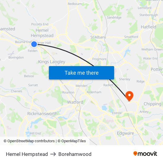 Hemel Hempstead to Borehamwood map