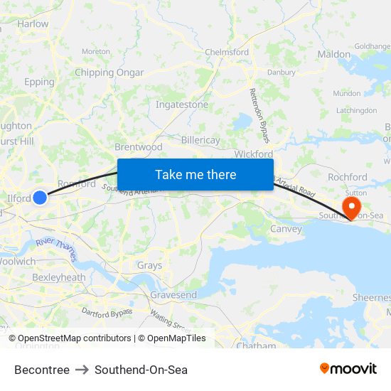 Becontree to Southend-On-Sea map