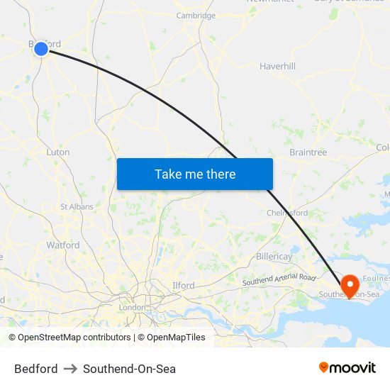 Bedford to Southend-On-Sea map