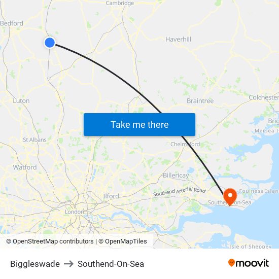 Biggleswade to Southend-On-Sea map