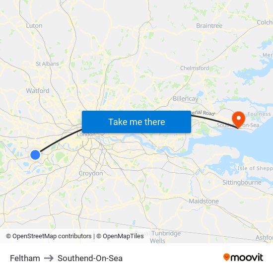 Feltham to Southend-On-Sea map