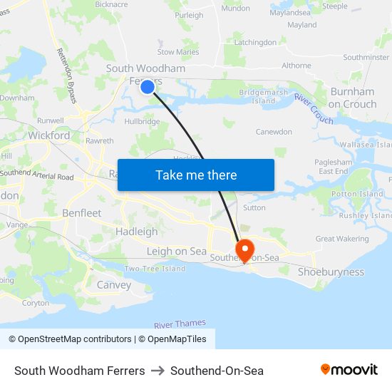 South Woodham Ferrers to Southend-On-Sea map