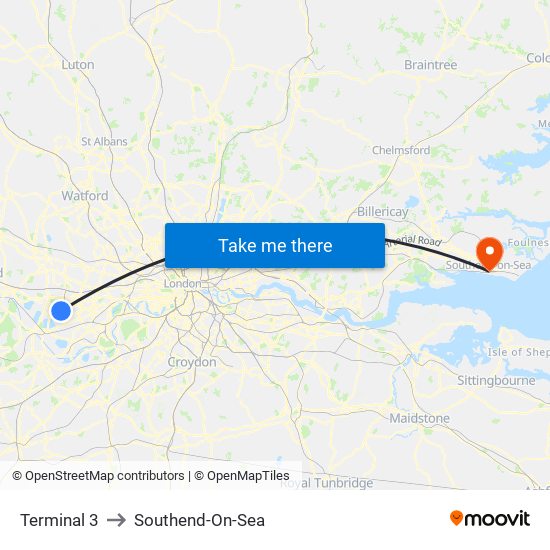 Terminal 3 to Southend-On-Sea map