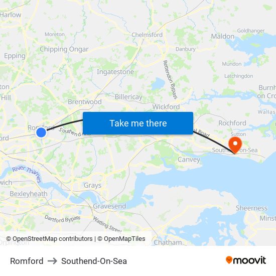 Romford to Southend-On-Sea map