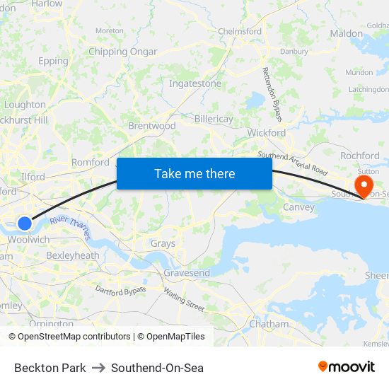 Beckton Park to Southend-On-Sea map