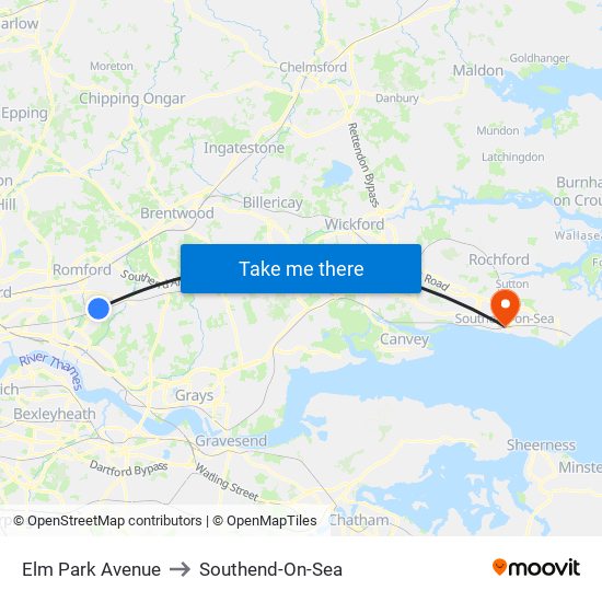 Elm Park Avenue to Southend-On-Sea map