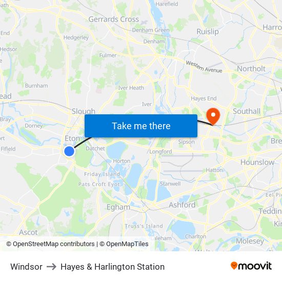 Windsor to Hayes & Harlington Station map