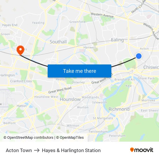 Acton Town to Hayes & Harlington Station map