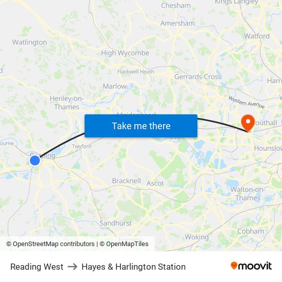 Reading West to Hayes & Harlington Station map