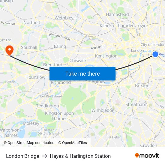 London Bridge to Hayes & Harlington Station map