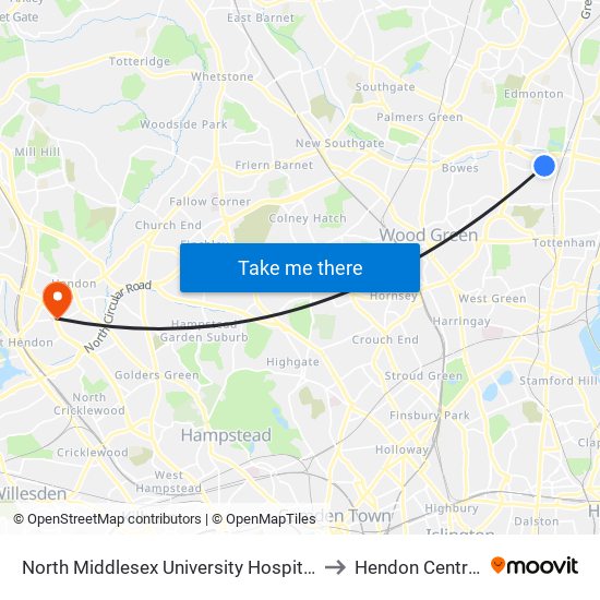 North Middlesex University Hospital to Hendon Central map