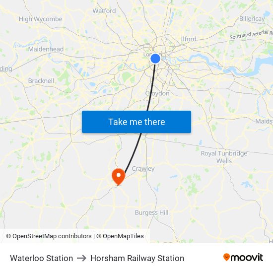 Waterloo Station to Horsham Railway Station map