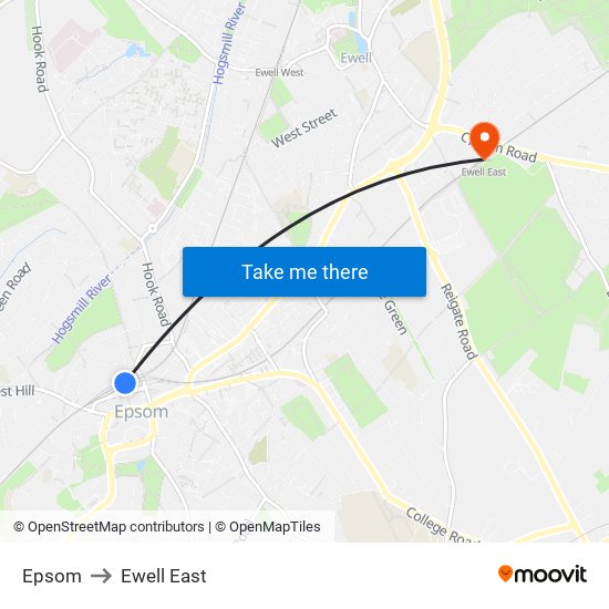 Epsom to Ewell East map