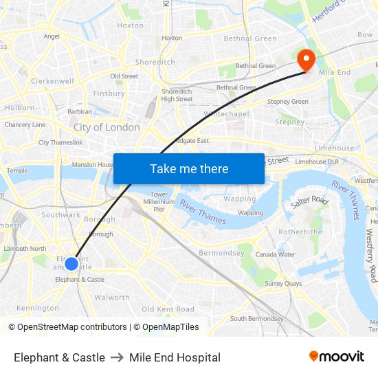 Elephant & Castle to Mile End Hospital map