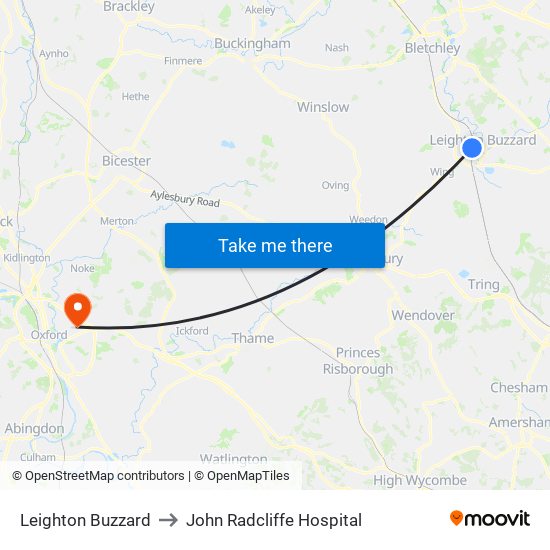 Leighton Buzzard to John Radcliffe Hospital map