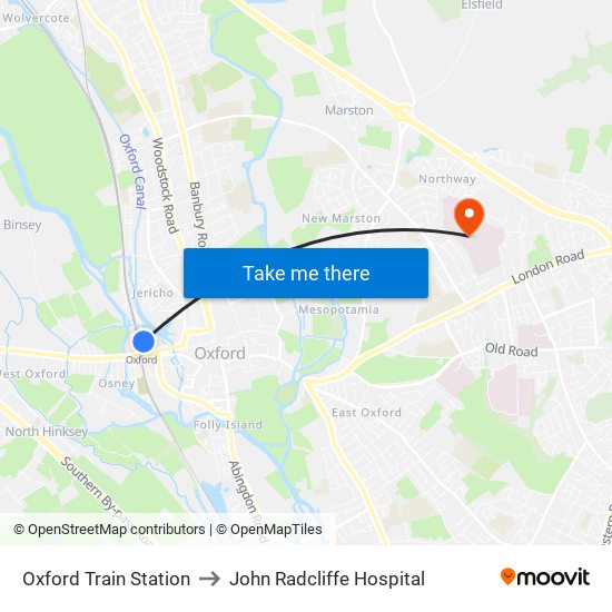 Oxford Train Station to John Radcliffe Hospital map