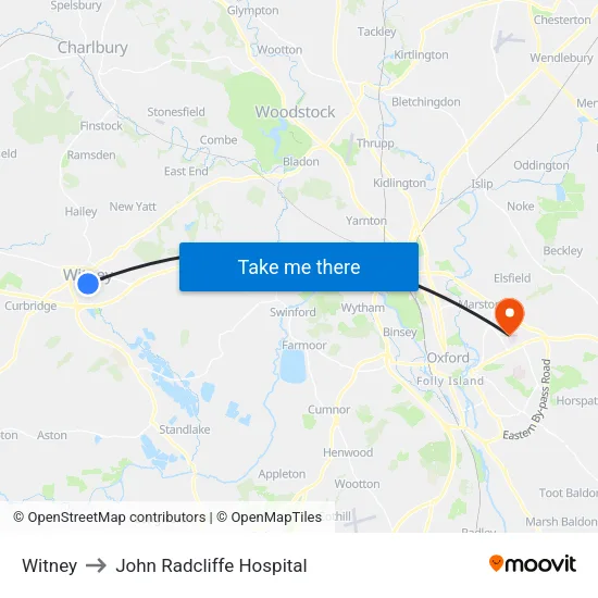 Witney to John Radcliffe Hospital map