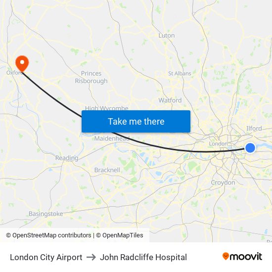 London City Airport to John Radcliffe Hospital map