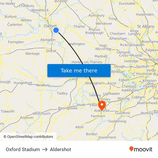 Oxford Stadium to Aldershot map