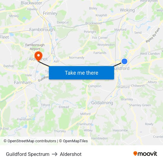 Guildford Spectrum to Aldershot map