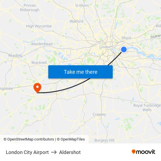 London City Airport to Aldershot map