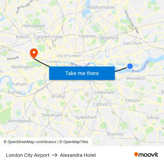 London City Airport to Alexandra Hotel map