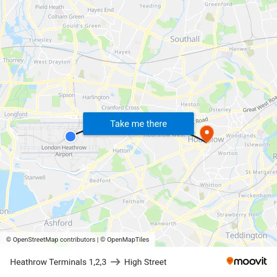 Heathrow Terminals 1,2,3 to High Street map