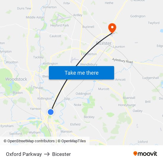 Oxford Parkway to Bicester map