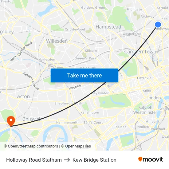 Holloway Road Statham, Holloway London to Kew Bridge Station map