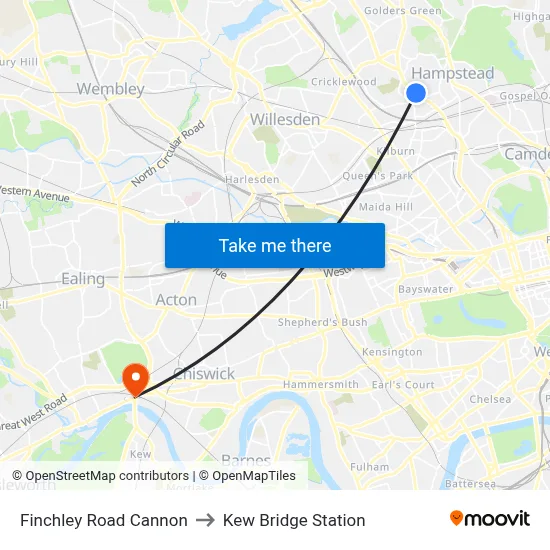Finchley Road Cannon to Kew Bridge Station map