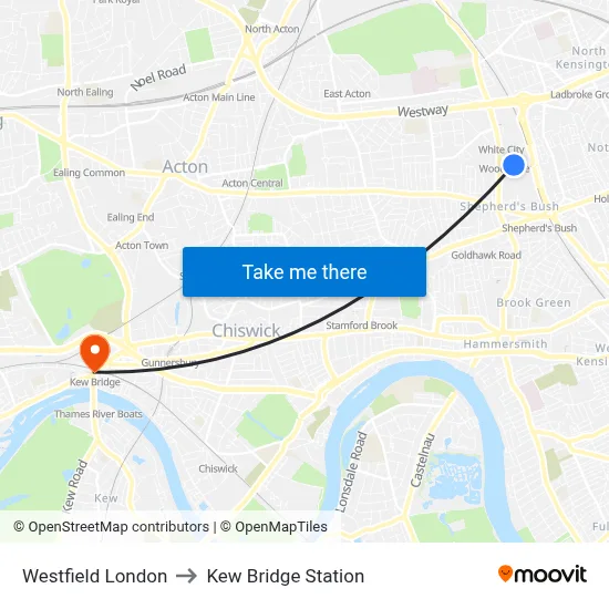 Westfield London to Kew Bridge Station map