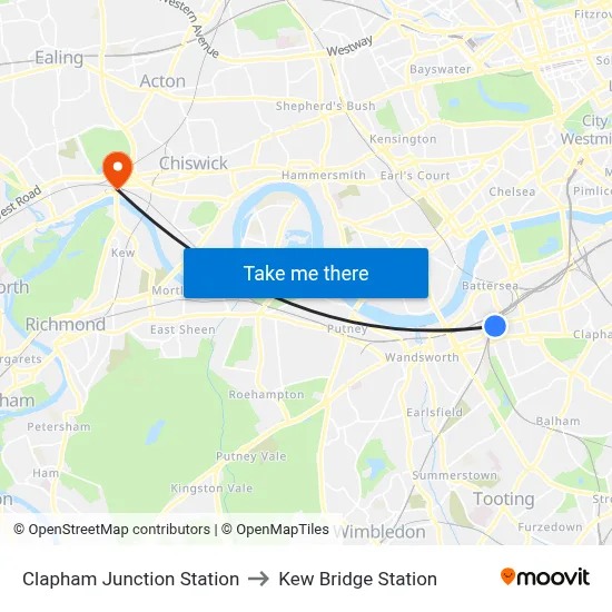 Clapham Junction Station to Kew Bridge Station map