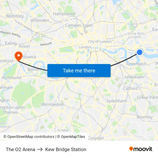 The O2 Arena to Kew Bridge Station map