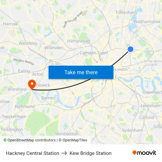 Hackney Central Station to Kew Bridge Station map
