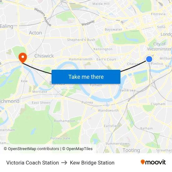 Victoria Coach Station to Kew Bridge Station map