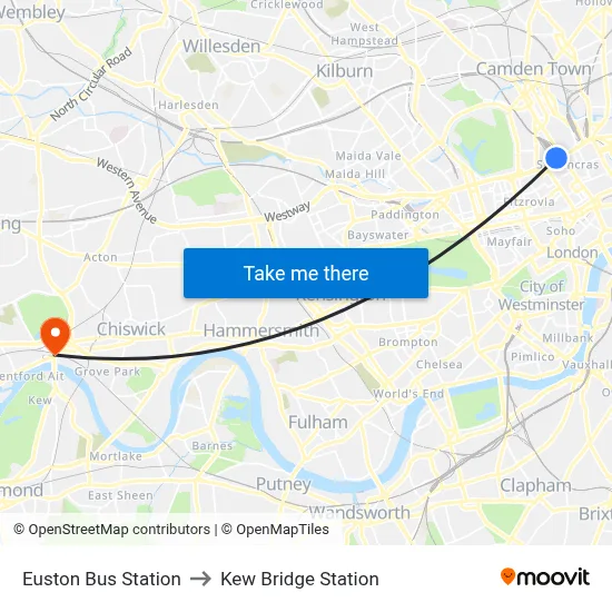 Euston Bus Station to Kew Bridge Station map