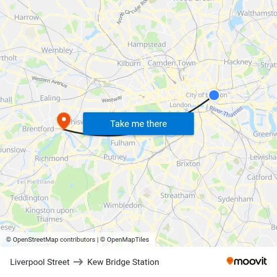 Liverpool Street to Kew Bridge Station map