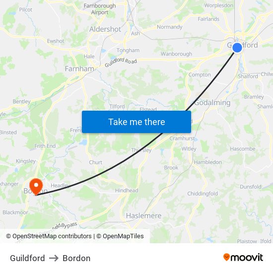 Guildford to Bordon map