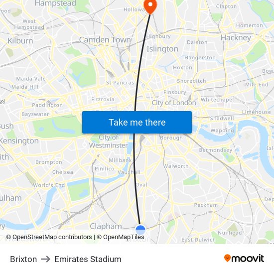 Brixton to Emirates Stadium map
