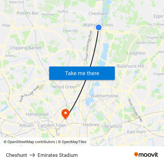 Cheshunt to Emirates Stadium map