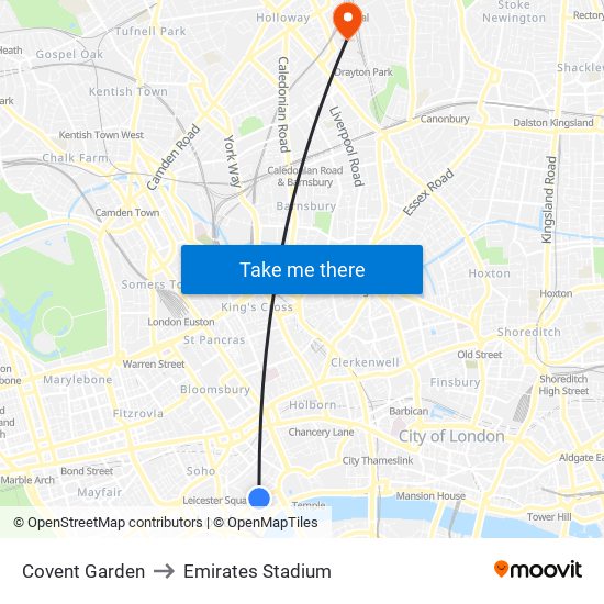 Covent Garden to Emirates Stadium map