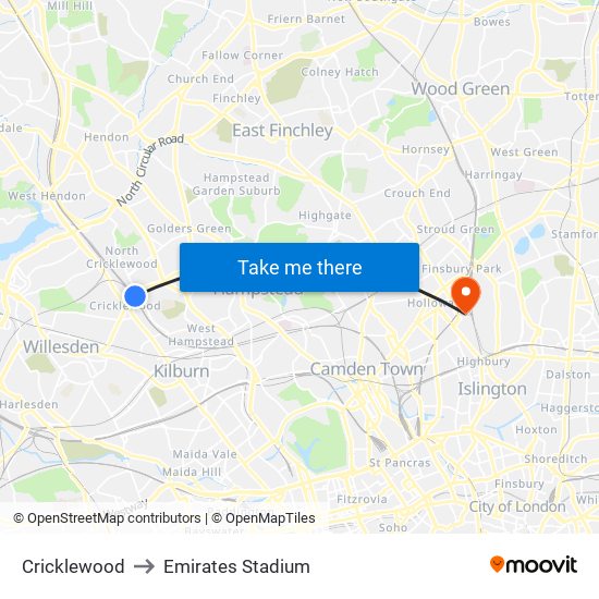 Cricklewood to Emirates Stadium map