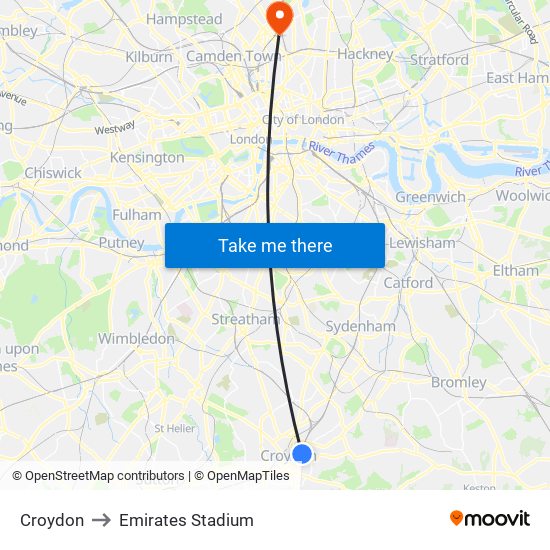 Croydon to Emirates Stadium map