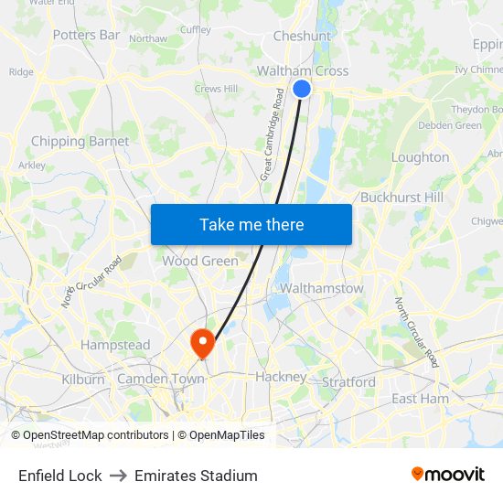 Enfield Lock to Emirates Stadium map