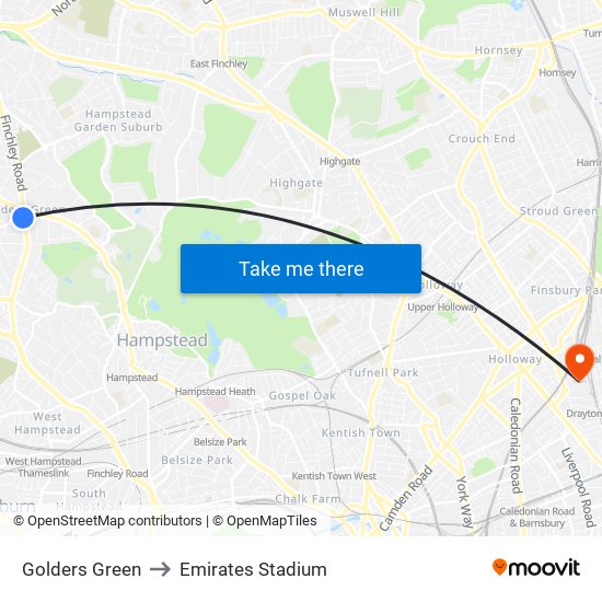 Golders Green to Emirates Stadium map