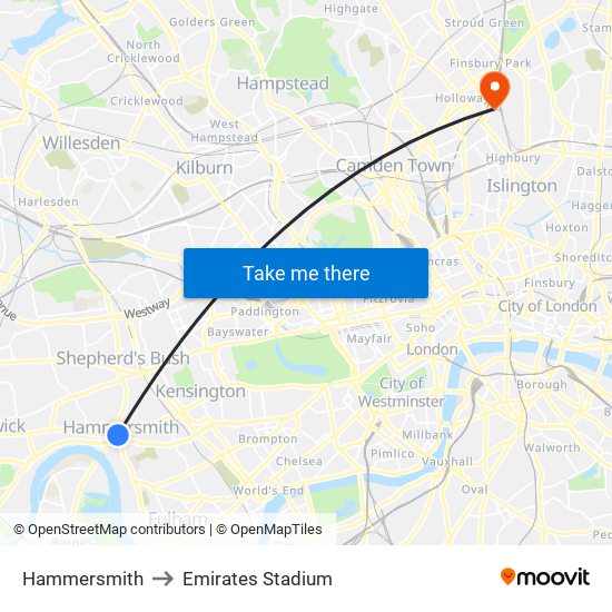 Hammersmith to Emirates Stadium map