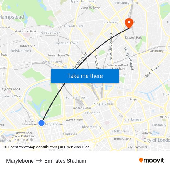 Marylebone to Emirates Stadium map